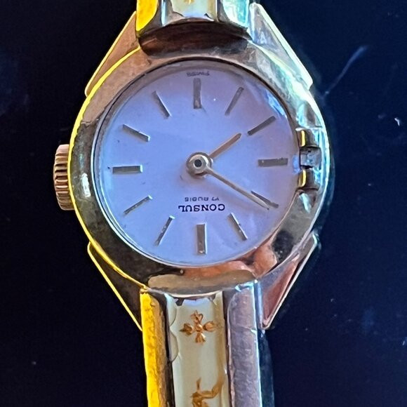 Consul Vintage Gold Plated Swiss Bracelet Enamel Watch